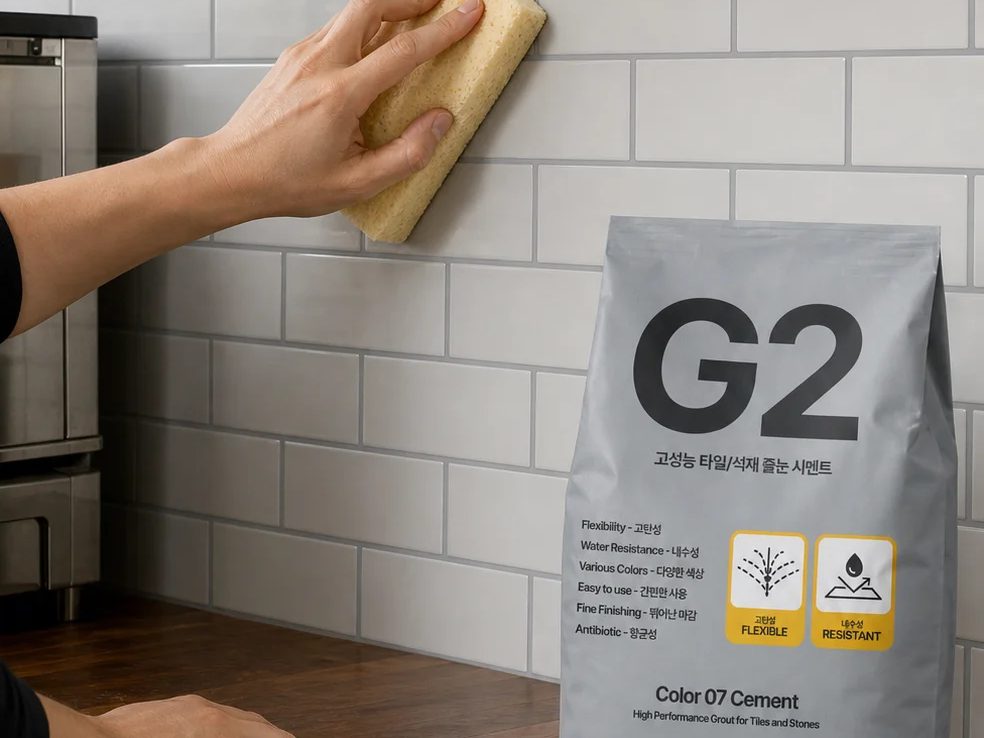 흰색 벽돌 타일 벽을 스펀지로 닦는 손과 시멘트 색 G2 봉투 연출 이미지